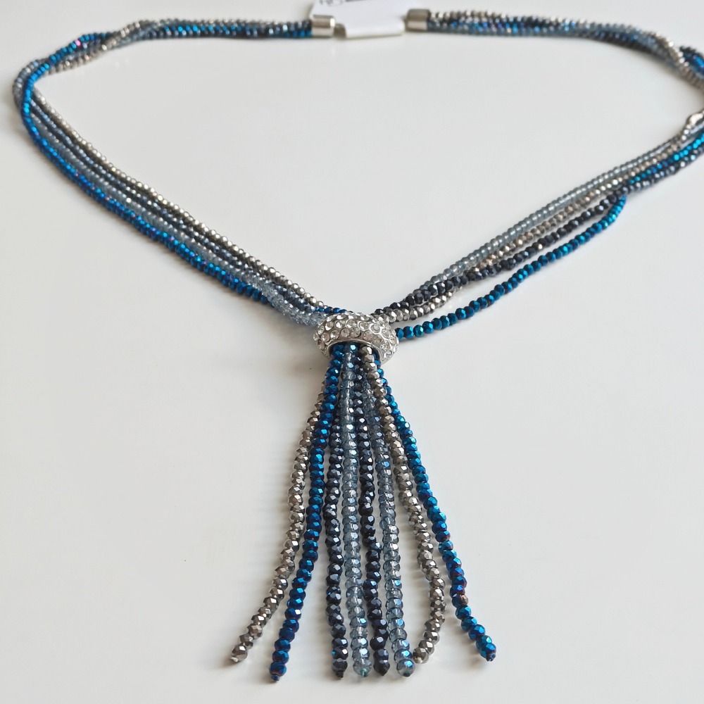 New Directions Shimmer Shine Blue Silver Glass Beaded Tassel Necklace Rhinestone